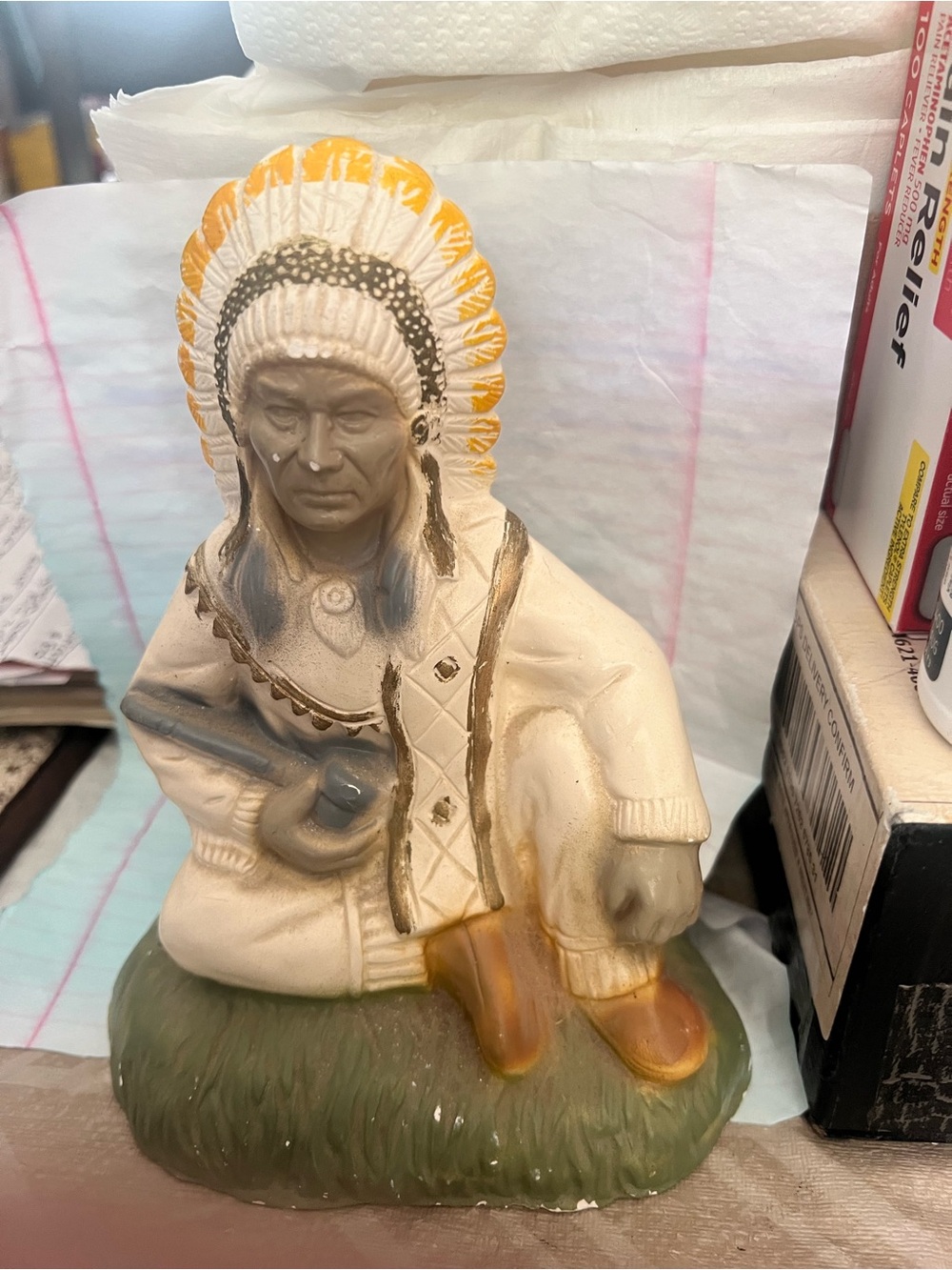 Native American Figurine Home Art - Cream and Yellow 1974